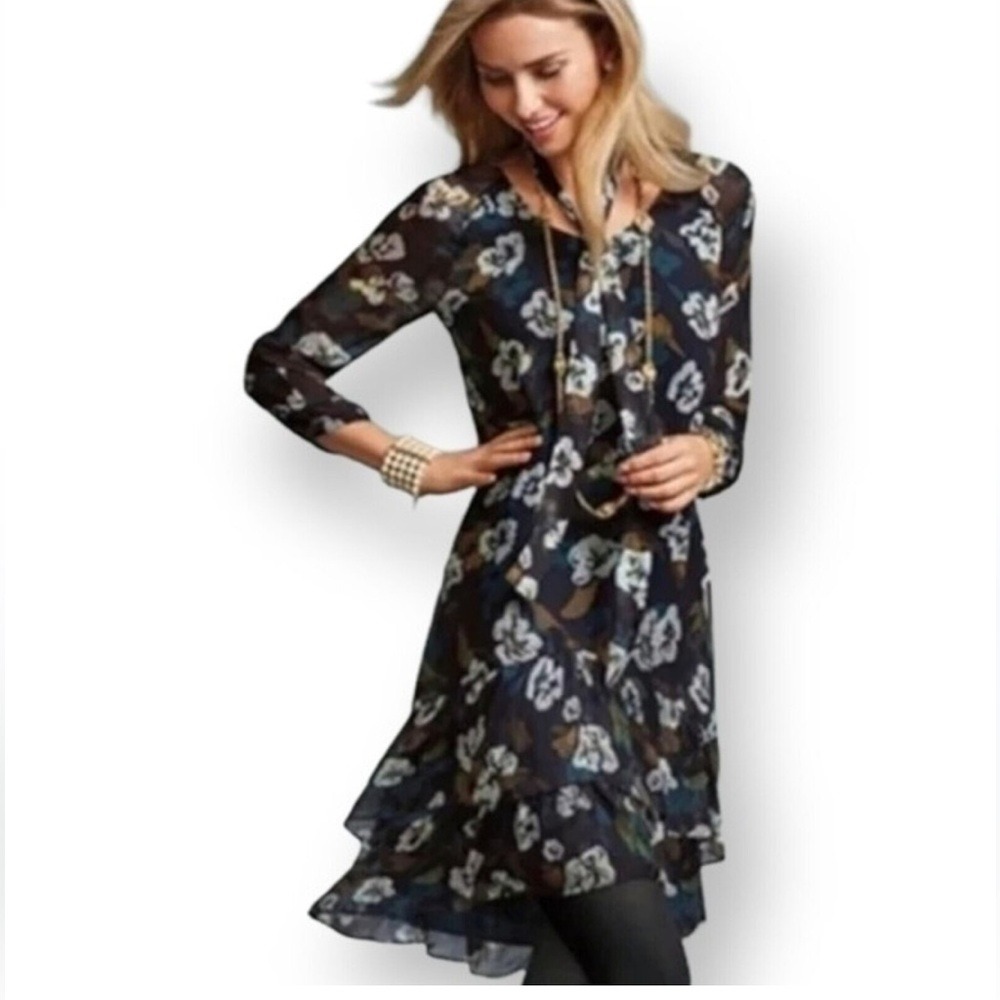 CAbi Pirouette Floral Semi-Sheer Long Sleeve Tiered Dress Style 3460, Size Small - Picture 3 of 14